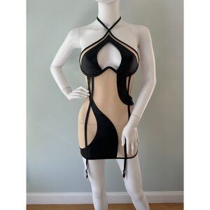 NWT Fashion Nova Addicted To You Garter Chemise S Black Nude Mesh Bodysuit